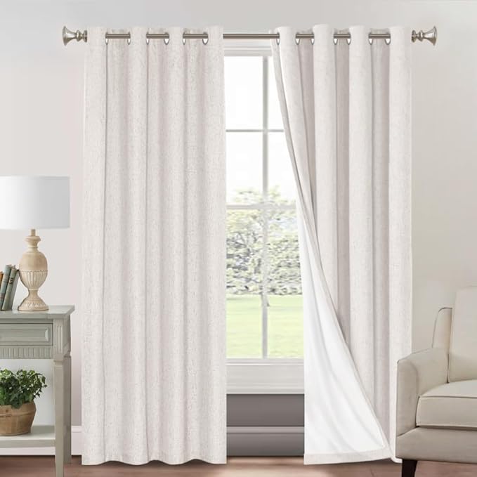 PrinceDeco 100% Blackout Curtains 120 Inches Long with Thermal Insulated White Liner Linen Textured Blackout Curtains for Bedroom, W52 x L120, 2 Panels,120 inch Length for Doorway, Office, Ivory