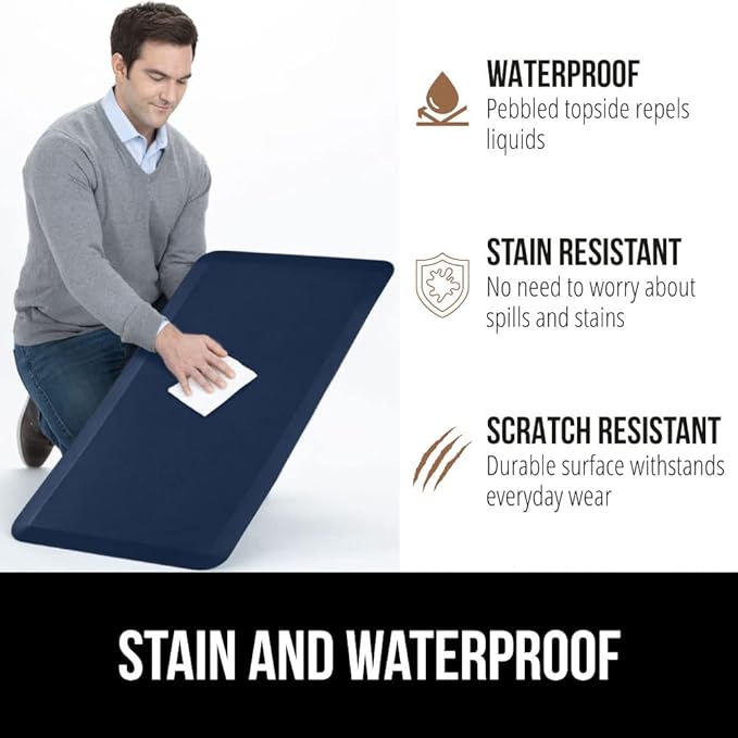 GORILLA GRIP Comfortable Cushioned Kitchen Mats for Floor, Waterproof and Stain Resistant Soft Top, 3/4 Inch Thick Ergonomic Standing Desk Anti Fatigue Mat, Foam Supports Ankles and Feet, 17x24, Navy