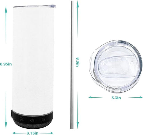 20oz 1pack sublimation Music Speaker Tumbler Blank Bulk Black with Glow Green,Straight music mug with straw, lid, straw brush,Reusable Travel Coffee Mug For Men and Women