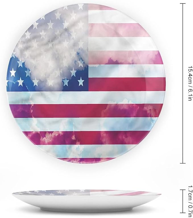 Decorative Plates, American Flag Print Ornament, Flag Clouds Memorial, 8 Inch, Kitchen Wall Decor, Multicolor