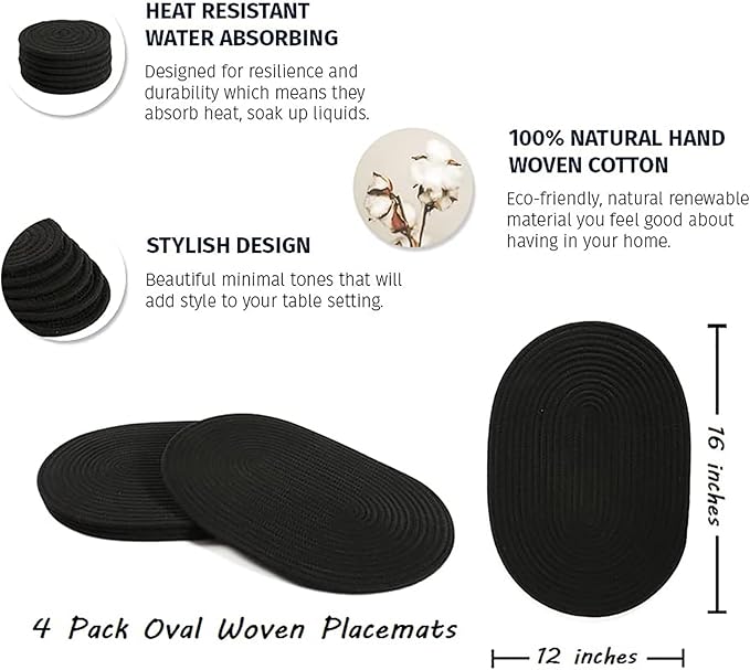 Braided Placemats Set of 4 Cotton Fabric Oval Table Mats Non Slip Washable 16 * 12 inch Oval Place Mats, 4 Pack Black Rope Woven Placemats