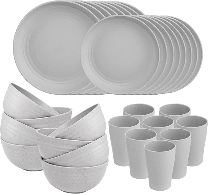 Supernal 32pcs Wheat Straw Dinnerware Sets, Plates and Bowls Sets,Reusable Plastic Plates,Grey Dish Set for 8 include 16pcs Dishes, 8pcs Bowls, 8pcs Cups,Dishwasher Safe.