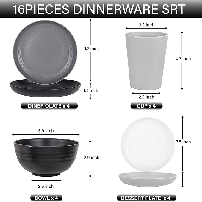 LIYH 16 Pcs Plastic Wheat Straw Dinnerware Sets for 4 - Plates and Bowls Sets Reusable Tableware Dish Set for 4 Include Wheat Straw Plates Bowls Cups Microwave Dishwasher Safe