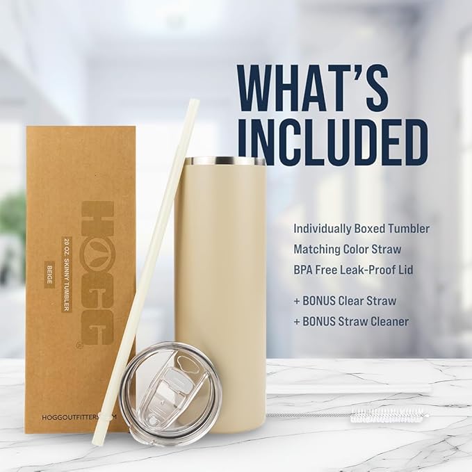 Hogg 20 oz Skinny Case (24 Units) - Beige, Powder Coated Tumblers for Laser Engraving, Engravable Tumblers Bulk, Stainless Steel Cups Bulk, Insulated Cups with Lids and Straws