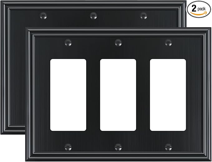 2-Pack Decorative Tripple Decorator Outlet Cover Plate, Durable Zinc Alloy Black Wall Plates for Electrical Outlets, Receptacle, GFCI Outlet, Dimmer Switch, 3-Gang, Corrosion Resistant