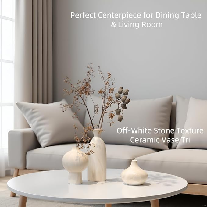 White Ceramic Vase Set of 3 in Beige, Modern Aesthetic Stone-Look Textured Pottery Vases for Shelf & Bookshelf Home Decor, Neutral Minimalist Decorative Vases for Flowers & Pampas Grass
