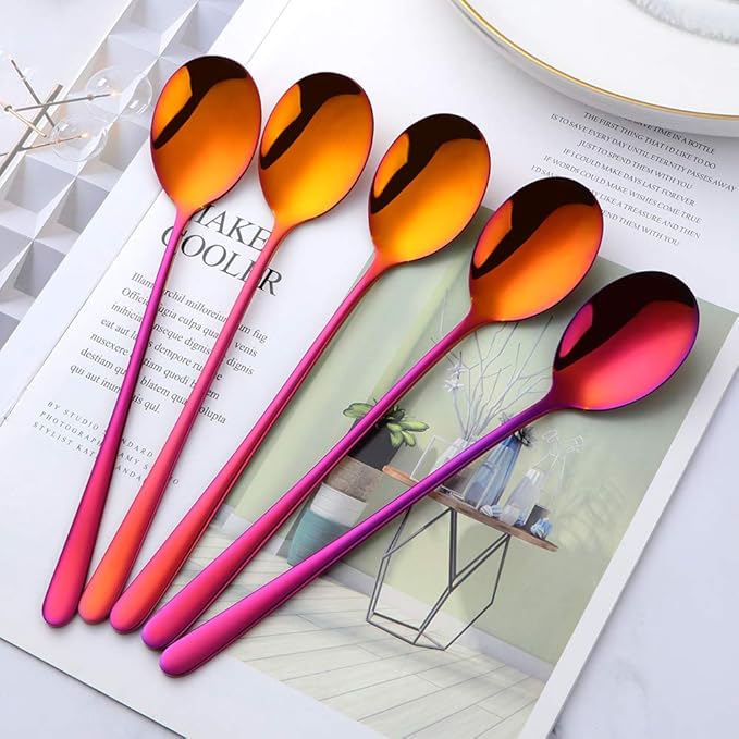 Buyer Star 5-pieces Rainbow Red Dinner Table Spoons 8-Inch Stainless Steel Metal Korean Soup Spoons