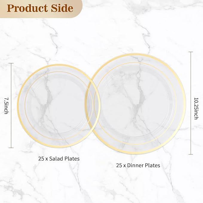 BESTVIP 50PCS Clear Plastic Plate, Disposable Party Plates with 25 Dinner and 25 Dessert Plates, Plastic Plate for Party, Wedding and Birthday