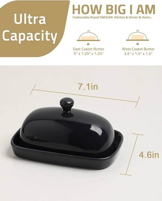 Sweejar Ceramic Butter Dish with Lid for Countertop,Porcelain Butter Keeper with Knob Handle,Butter Container for East/West Coast Butter, 7.1*3.7 inches (Black)