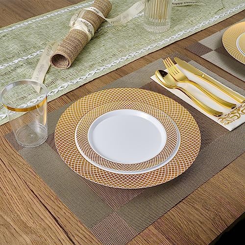 FOCUSLINE Gold Plastic Plates Set, 102 Disposable Plates with Gold Grid Rim - Image 5