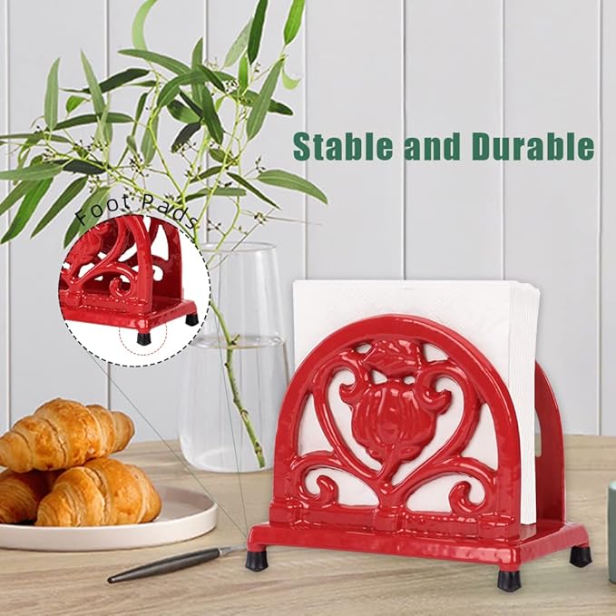 Napkin Holder for Table - Vintage Farmhouse Kitchen Restaurant Cast Iron Napkin Holder for Dinner Cocktail Paper Napkins, Red