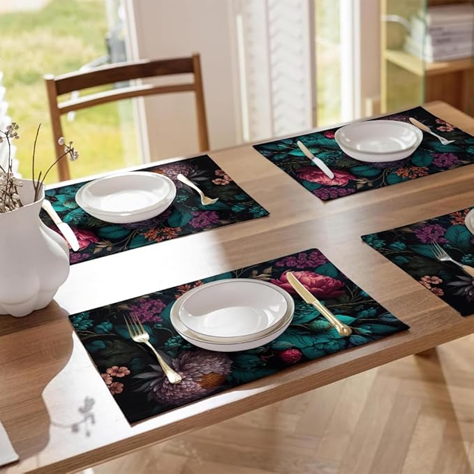 12"x18" Dark Black Pink Purple Red Peony Floral Placemats Set of 4 Washable Thick Place Mats Kitchen Table Mats Decorative Linen Fabric Table Mat for Dining Table Kitchen Home Decor