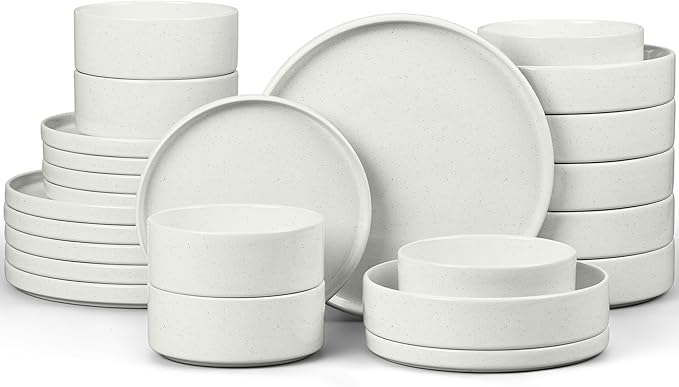 E-far Dinnerware Sets with Pasta Bowls, 24-Piece Stoneware Plates and Bowls Sets for 6 | Microwave & Dishwasher Safe Kitchen Modern Dish Set, Speckled White