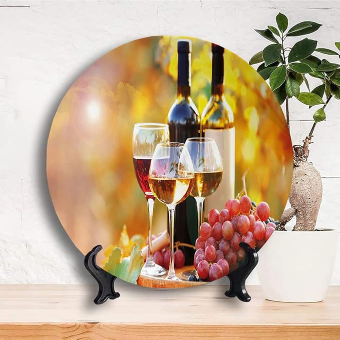 Decorative Plates, Wine Print Ornament, Tasty Wine on Wooden Barrel on Grape Plantation, 10 Inch, Kitchen Wall Decor, Orange Red Black