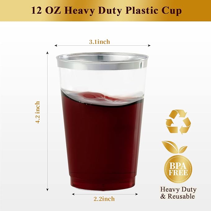 Vplus 150 Pack 12 OZ Reusable Silver Rimmed Clear Plastic Cups, Disposable Heavy Duty Plastic Cups for Party, Christmas, Wedding, Thanksgiving, Halloween