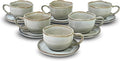Organic Shape Highland Ceramic Coffee Cup and Saucer, 6pcs 8oz Handmade Reactive Glaze Saucer Sets with Wavy Edge, for Kitchen, Microwave & Dishwasher Safe, Scratch Resistant-grey