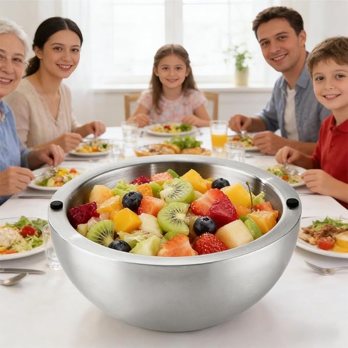 304 Stainless Steel Insulated Salad & Dipping Bowl, Two Hot/Cold Water Inlets to Keep Food Hot or Cold Suitable for Picnics, Salad Making and Dipping (35 oz)