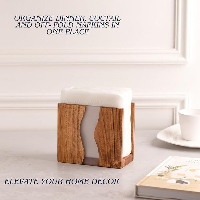 Acacia wood & Transparent Epoxy resin Napkin holder for table, Rustic farmhouse napkin organisation for kitchen, dining, counter tops, restaurant or outdoors | 6x5x2.5 inches|(Gray)