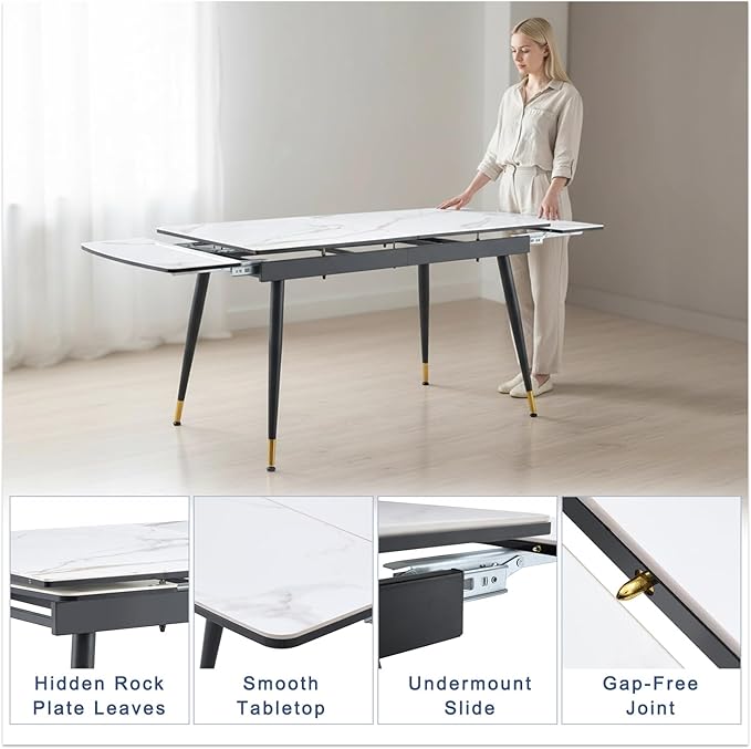 Extendable Dining Table Set for 4, 55'' to 78.8'' Rectangular Thickened Sintered Stone Kitchen Table with 4 Upholstered Chairs, Modern Space Saving 5-Piece Dinner Table Set