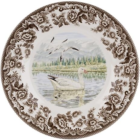 Spode Woodland Snow Goose Salad Plate - 8 Inch Fine Porcelain with British Flowers Border, Microwave, Freezer, Oven & Dishwasher Safe - Rustic American Wildlife Tableware, Made in England by Spode