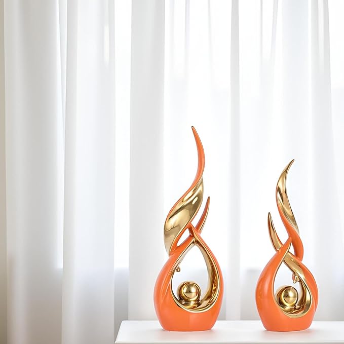 XMGZQ Gold Ceramic Abstract 2 Piece Statue Set,Mid Century Modern Abstract Art Home Decor Statue Mantelpiece on Unique Shelf Decor, TV Cabinet Divider Table top and Dining Table Centerpiece (Orange)