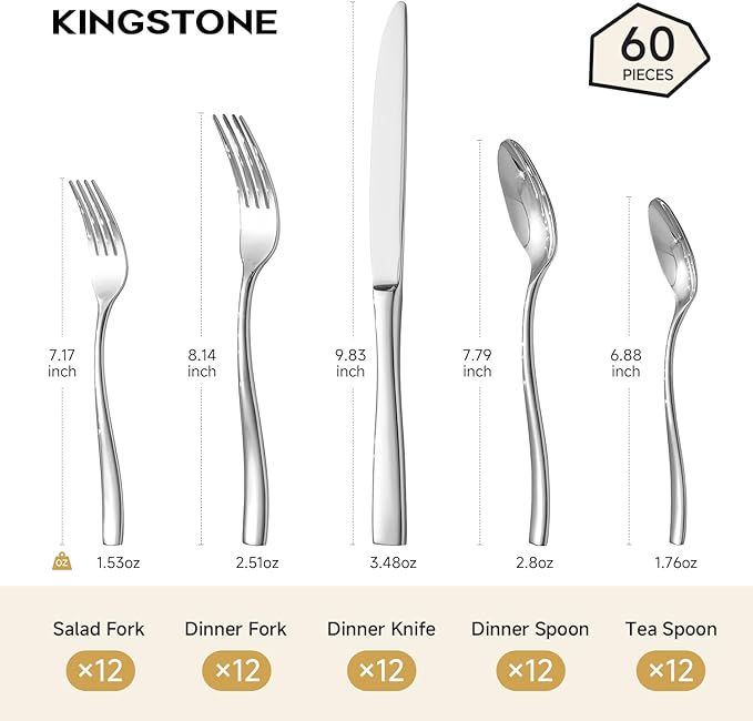 KINGSTONE Silverware Set for 12, 60-Piece Stainless Steel Flatware Set with Forks, Knives, Spoons, Dishwasher Safe Cutlery Set for Home, Wedding, Rust-proof