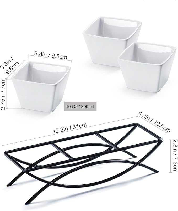 UNICASA Square Ramekin Bowls 10 oz, Condiment Serving Tray with Metal Rack Stand - Chips and Dips Snack Tray for Party - White Side Dish for Appetizer, Fruit, Nuts, Ice Cream, Candy