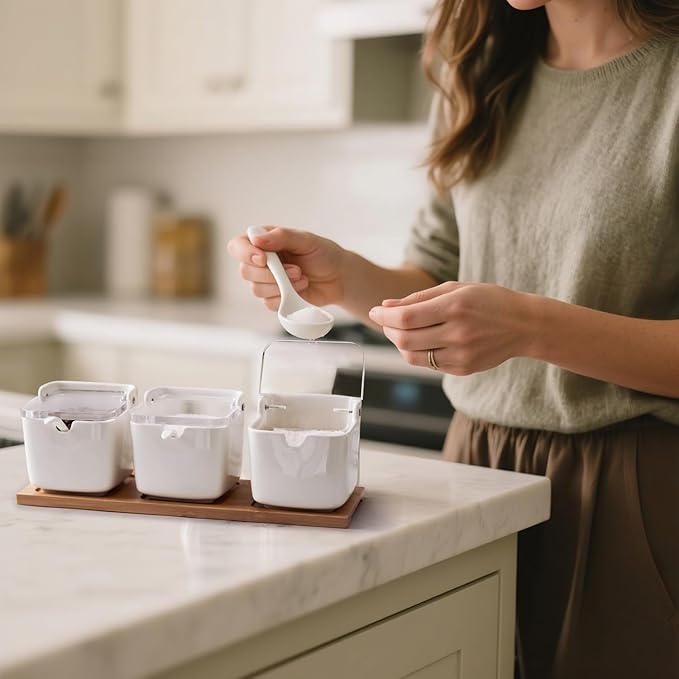 Lucky Goddness Ceramic Sugar Bowl with Lids and Spoons Serving Tray, Porcelain Sugar Container for Pepper Sugar Salt,Salt Condiment with Chalkboard Labels for Home Kitchen,250 ML