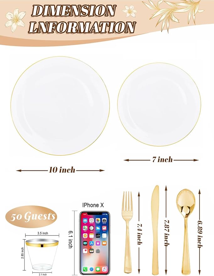 WDF 300PCS White and Gold Plates - Wedding Plastic Dinnerware Set for 50 Guests Include 50 Dinner & 50 Cake Plates, 50 Cutlery, 50 Cups for Wedding Birthday Valentine's Day