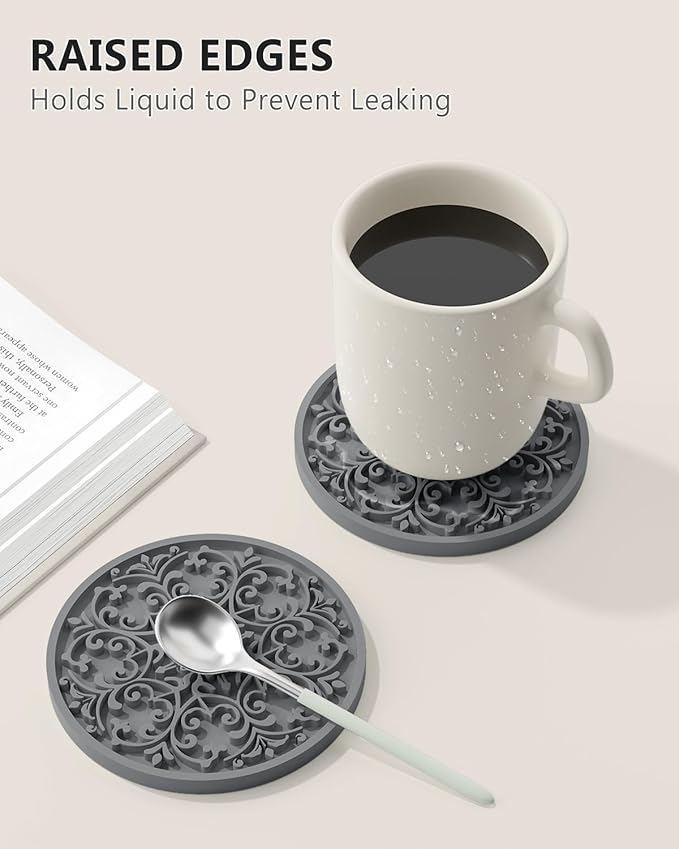 Drink Coasters, Coasters Set of 6 for Cup with Holder, Non-Slip Silicone Cup Mats for Hot and Cold Drinks, Cute Absorbent Coffee Bar Accessories Table Decor, Grey