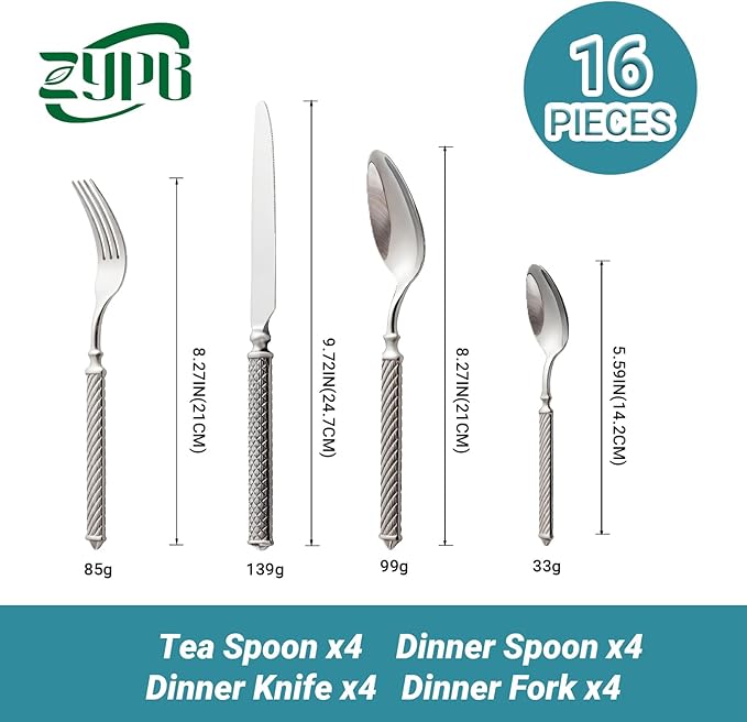 16-Piece Premium Silverware Set, Roman Rope-Pattern Flatware Crafted in 18/10 Stainless Steel, Elegant Silver Cutlery Set Service for 4, Heavy Duty Tableware with Mirror Polish, Dishwasher Safe