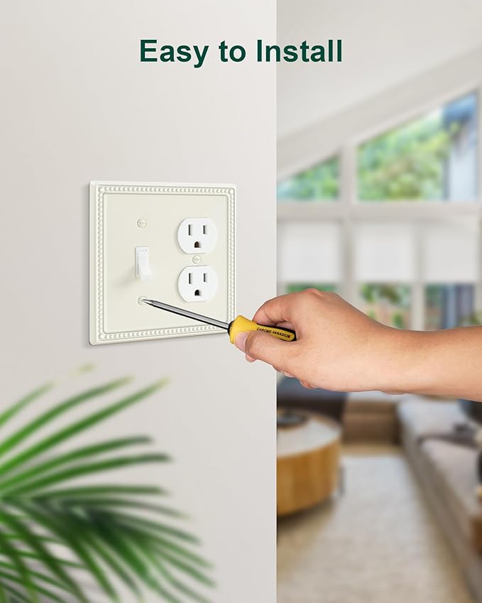 2-Pack Combo Toggle/Duplex Light Switch Cover Plate, Light Almond Metal Wall Outlet Cover Plate, Decorative Classic Beaded Wall Socket Receptacle Cover for Electrical Outlets, Light Switch
