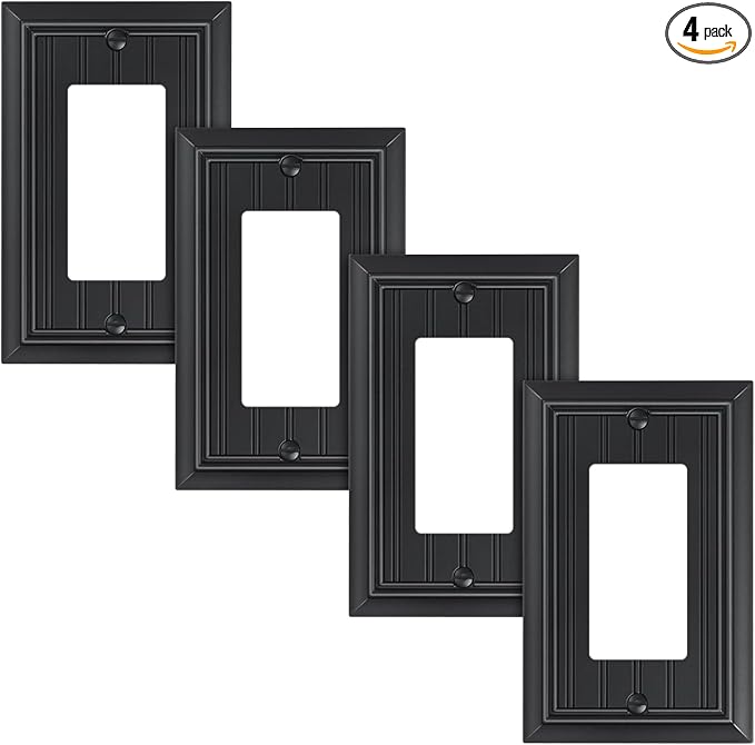 4-Pack Classic Beadboard Decorator Wall Plate Cover, Black Decorative Switch Plates and Outlet Covers, Durable Natural Bamboo Fiber Wall Plates for Electrical Outlets, Receptacle, GFCI Outlet