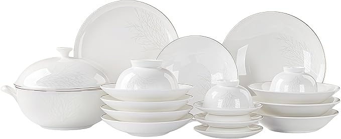 Fine Bone China Dinnerware Set,Porcelain&Ceramic Dinnerware Sets,Bone Stoneware&Ceramic Cookware Tableware Set Includes Dinner Plates|Spoons|Pasta Bowls|Soup Pot|Chopsticks (60PCS * 16-Person Set)
