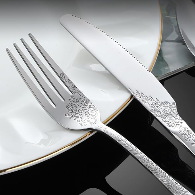 30-piece flowers Gold TWEE Silverware Set for 6, Palace Style Stainless Steel Flatware Cutlery Serving Utensils, Eating Tableware for Home Kitchen Hotel Restaurant, Mirror Polished