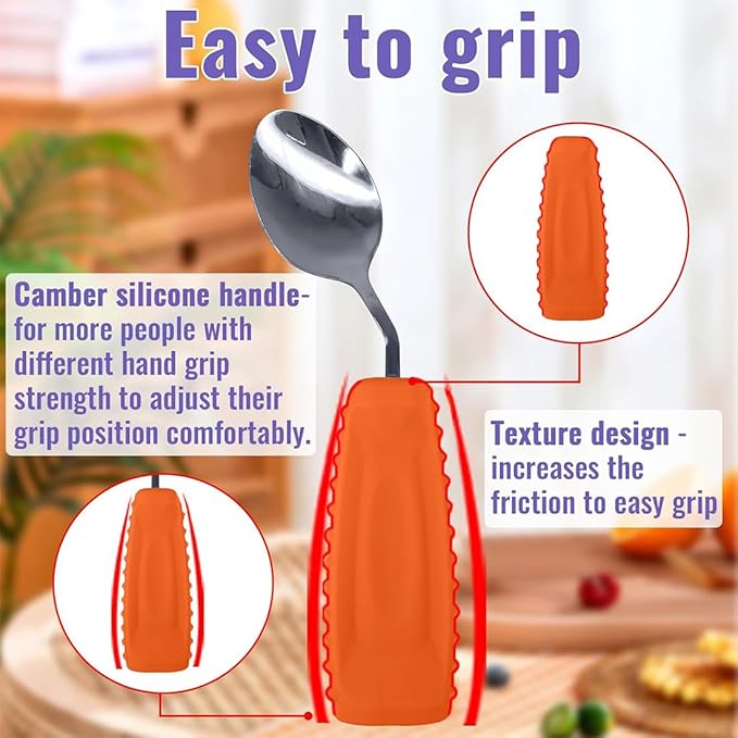 Adaptive Utensils Angled Spoon and Fork for Hand Tremors Parkinsons,Weighted Utensils with Non-Slip Easy Grip Handles for Independent Eating (1pcs Spoon+1pcs Fork=2 pcs,Orange,Right Hand)