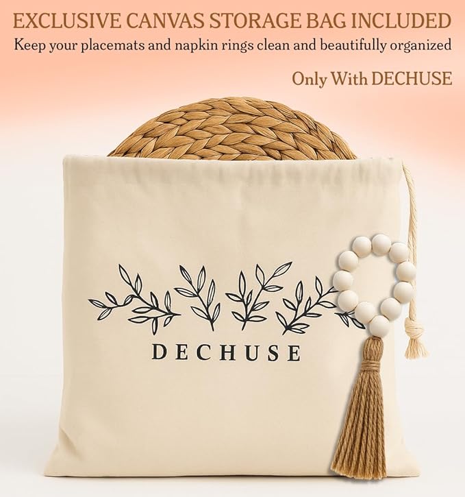Round Woven Placemats Set of 6 (14 Inch) with Napkin Rings & Canvas Bag – Water Hyacinth Boho Farmhouse Table Mats, Heat Resistant Natural Wicker Chargers for Dining Table Decor by DECHUSE