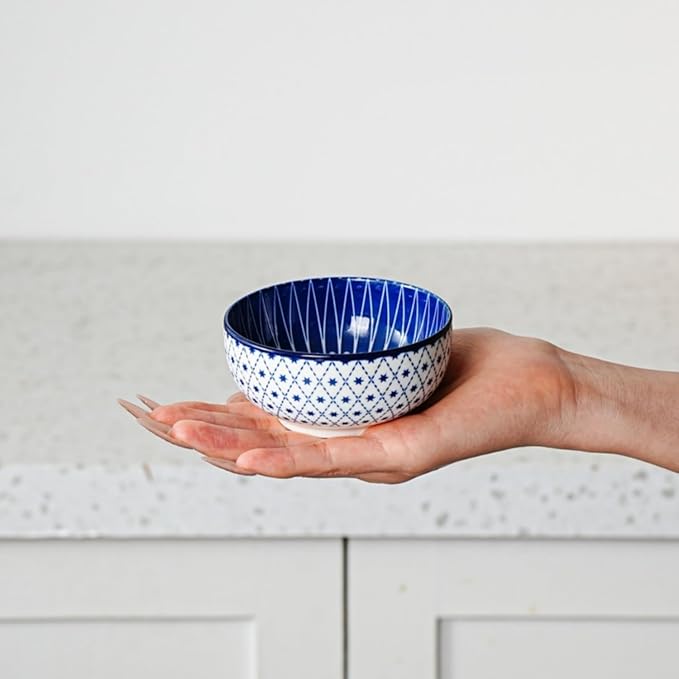 Ceramic Dipping Bowls Set - Mini 4 Oz Dessert Bowls - Small 3.5 Inch Porcelain Bowls for Side Dishes, Snack, Yogurt, Appetizer - Microwave Dishwasher Safe - Set of 6 - Vintage Blue