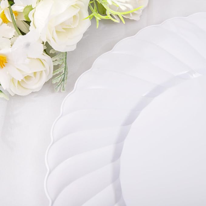U-QE 100 Pieces White Plastic Plates - Premium White Disposable Plates for Wedding and Party Use Including 50PCS 9 '' Dinner Plate & 50PCS 6.5 '' Dessert Plate