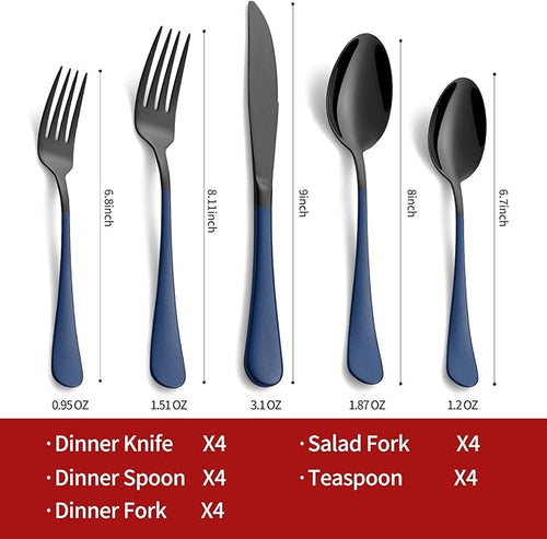 20-Piece Black Silverware Set 18/0 Stainless Steel Flatware Sapphire Blue Handle Cutlery Set Service for 4 Dinner Knives Forks Spoons Set Mirror Finish Dishwasher Safe