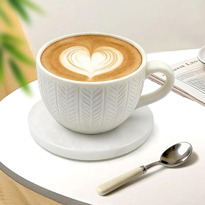 Natural Marble Coasters, Round Costers, Luxury Aesthetic Modern Decor for Coffee Table Bar Kitchen Home, White Marble, Real Natural Semi Absorbent Stone Coasters