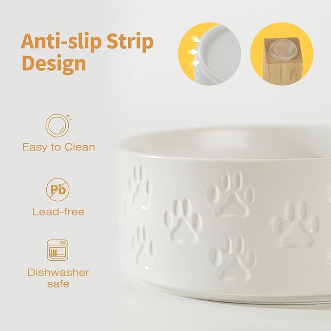Elevated Ceramic Dog Bowl Set, 5.1" Dog Bowls with Dual Fixed Heights Stand, Elevated Food & Water Bowls for Adult Cats, Small-Breed Puppies, Non-Slip (Double Bowls + Stand - White, 5.1 inch)