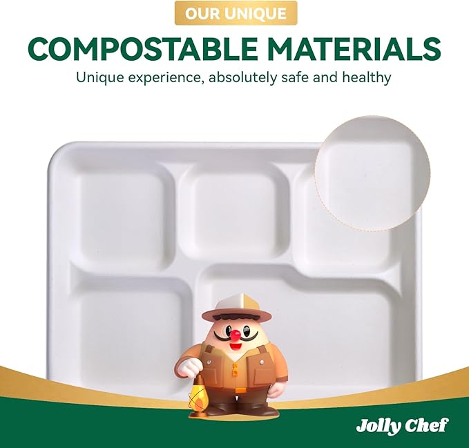 JOLLY CHEF Compostable 𝟱 Compartment Paper Plates 𝟭𝟭 * 𝟴 𝗶𝗻𝗰𝗵 [𝟭𝟬𝟬 𝗣𝗮𝗰𝗸] Heavy Duty White Divided Disposable Plate Eco-Friendly Biodegradable Food Tray for Party Lunch Dinner Christmas