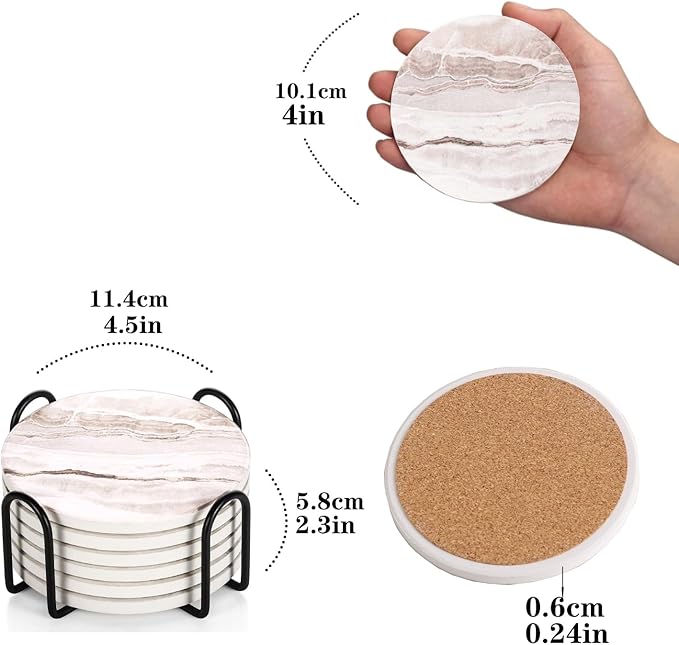 6Pcs Drink Coasters with Holder, Round Marble Style Ceramic Drink Coaster, Absorbent Coaster Set for Home Decor Tabletop Protection, Suitable for Kinds of Cups, Housewarming Gift, 4 Inches