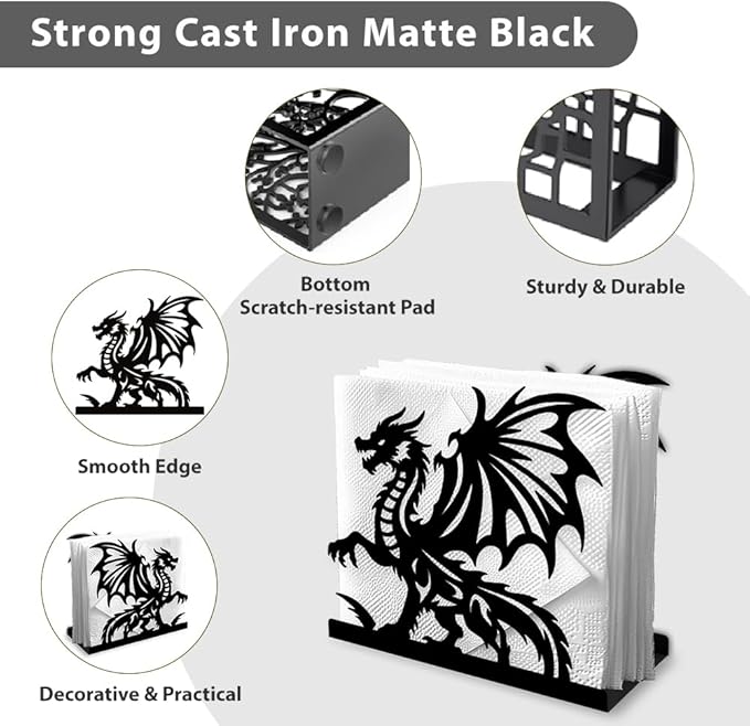Dragon Decorative Black Metal Napkin Holder for Table, 5.3" x 4.9" x 1.9" Dragon Standing Napkin Holder for Home Kitchen Restaurant Picnic Party Coffee Bar Dining Room