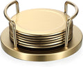 JUXYES Set of 6 Stainless Steel Round Coasters with Holder & Sponge Bottom, Golden Metal Cup Coasters Set Stunning Cool Coaster Cups Mats Decor for Restaurant Kitchen bar Dining Table