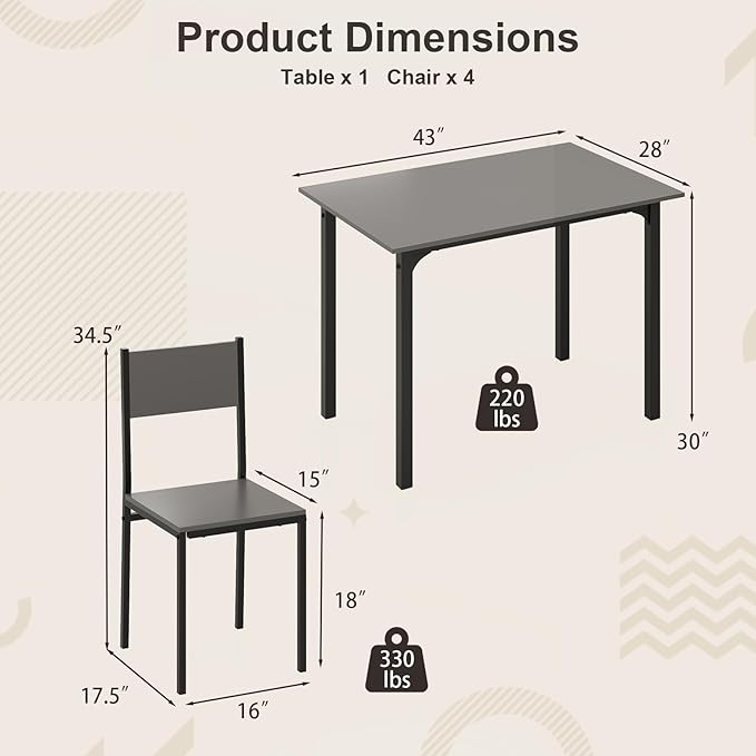 COSTWAY Dining Table Set for 4, Rectangular Kitchen Table and Chairs Set with Backrest, Metal Frame, Space-Saving Dinette Set, Breakfast Nook Table Set for Small Space, Apartment, Dorm (Grey)