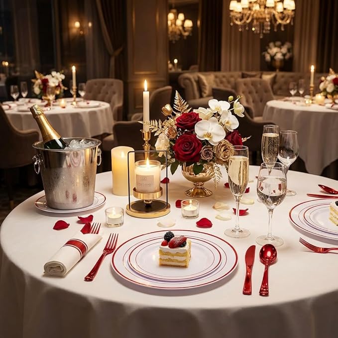 WELLIFE 350 Pcs Red Plastic Plates for 50 Guests - Plastic Dinnerware Set,Valentines Party Supplies Includes 100 Red Plates,150 Silverware,50 Napkins,50 Cups, Valentines Plates