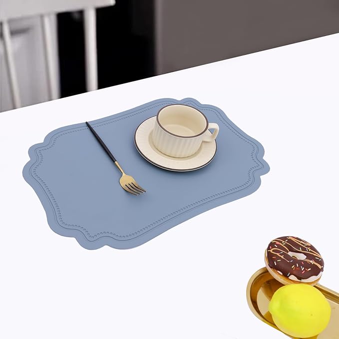XINYUN Leather Placemats Set of 6 for Dining Table Blue Faux Leather Placemat Wipeable Heat Resistant Non Slip Waterproof Place Mats Anti Oil Eco-Friendly Decorate Table Mats Patio Placemats, Large