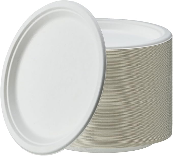 150-Pack 7 Inch Paper Plates, Heavy Duty Disposable Party Plates - Eco-Friendly, Biodegradable Sugarcane Bagasse, White Unbleached 7" Dinner Paper Plate